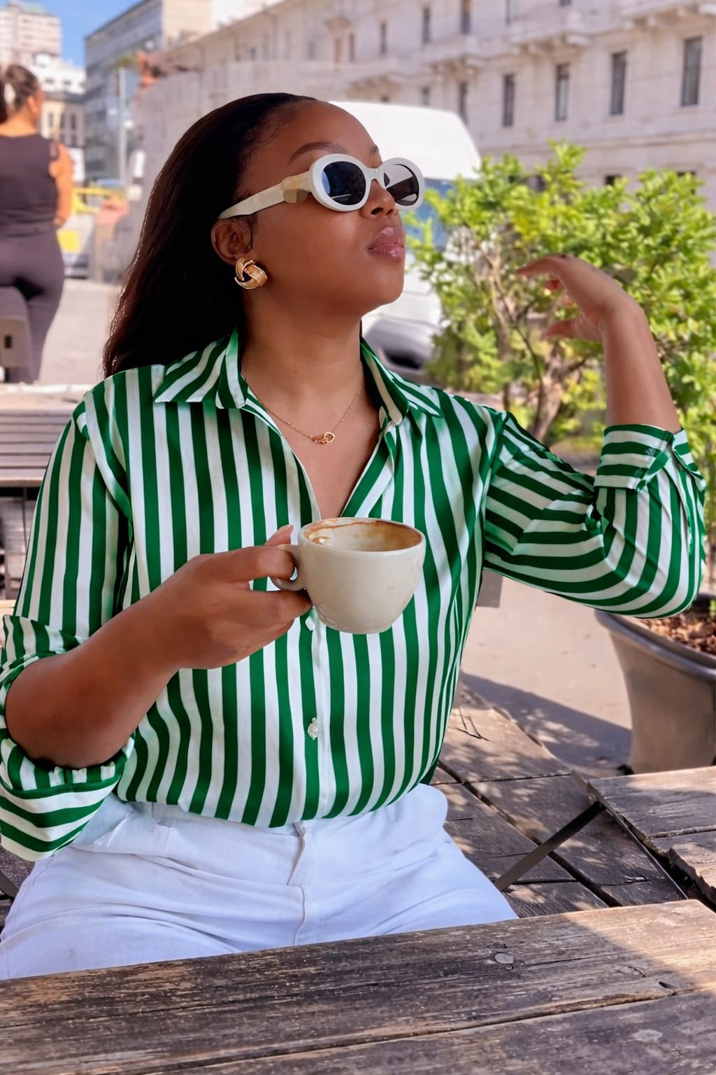 Women’s Green & White Striped Button-Up Shirt