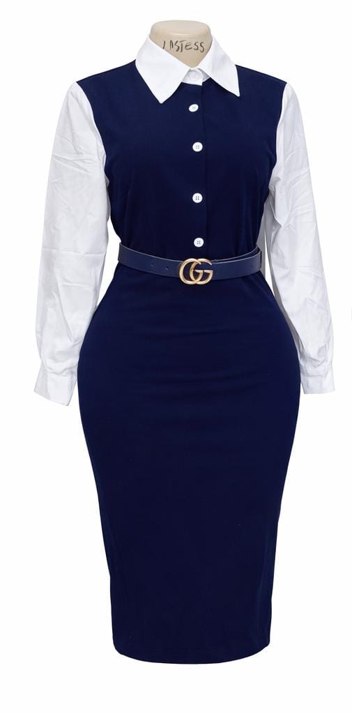 Elegant Office Bodycon Midi Dress with Long Sleeve Shirt Detail & Belt
