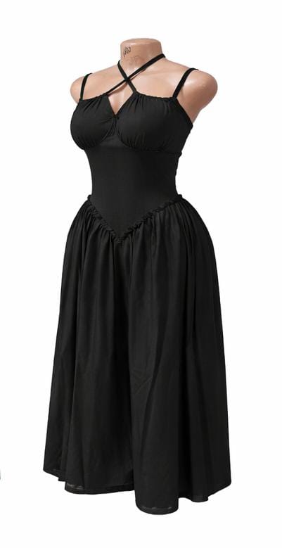 Elegant Black Spaghetti Strap Midi Dress – Sleeveless Flared Party Dress for Women