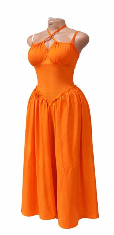 Elegant Black Spaghetti Strap Midi Dress – Sleeveless Flared Party Dress for Women