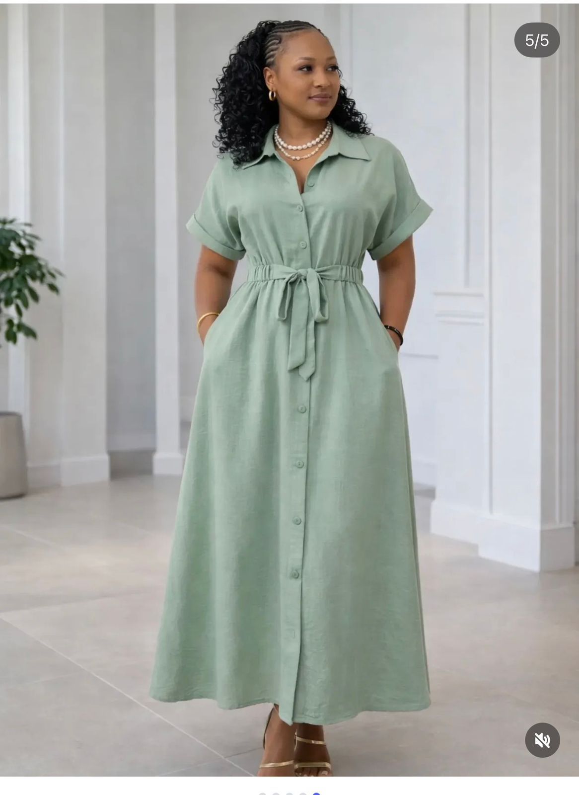 Elegant Short‑Sleeve Button‑Down Midi Dress with Waist Tie