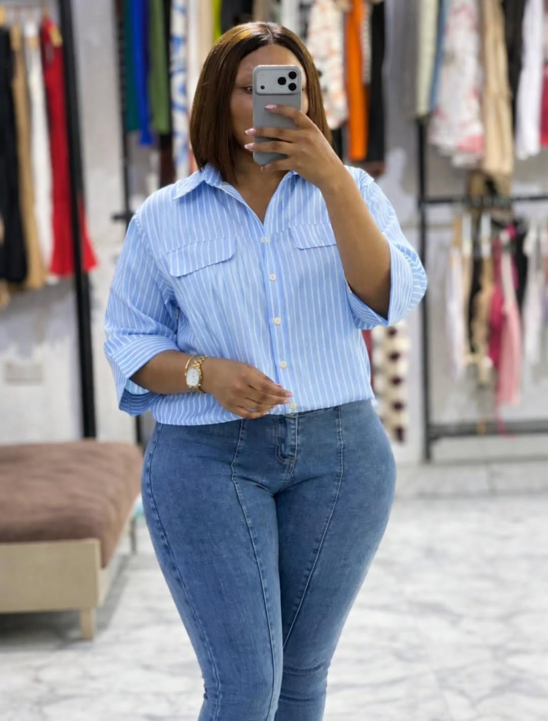 Stylish  Striped Button-Down Blouse with 3/4 Sleeves – Casual Chic Top for Women