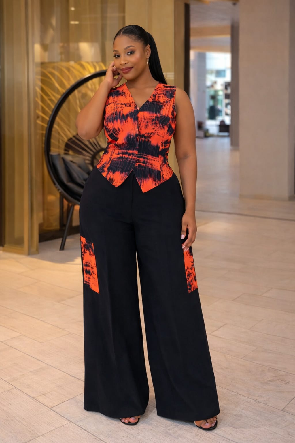 Stylish Women’s Two-Piece Set – Sleeveless Printed Top & Wide-Leg Pants
