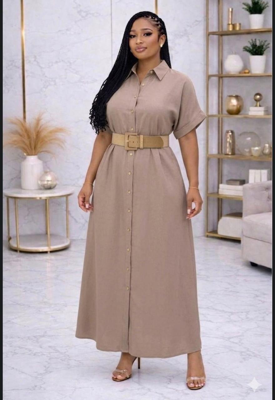 Elegant Women’s Stylish Button-Front Maxi Dress with Waist Belt