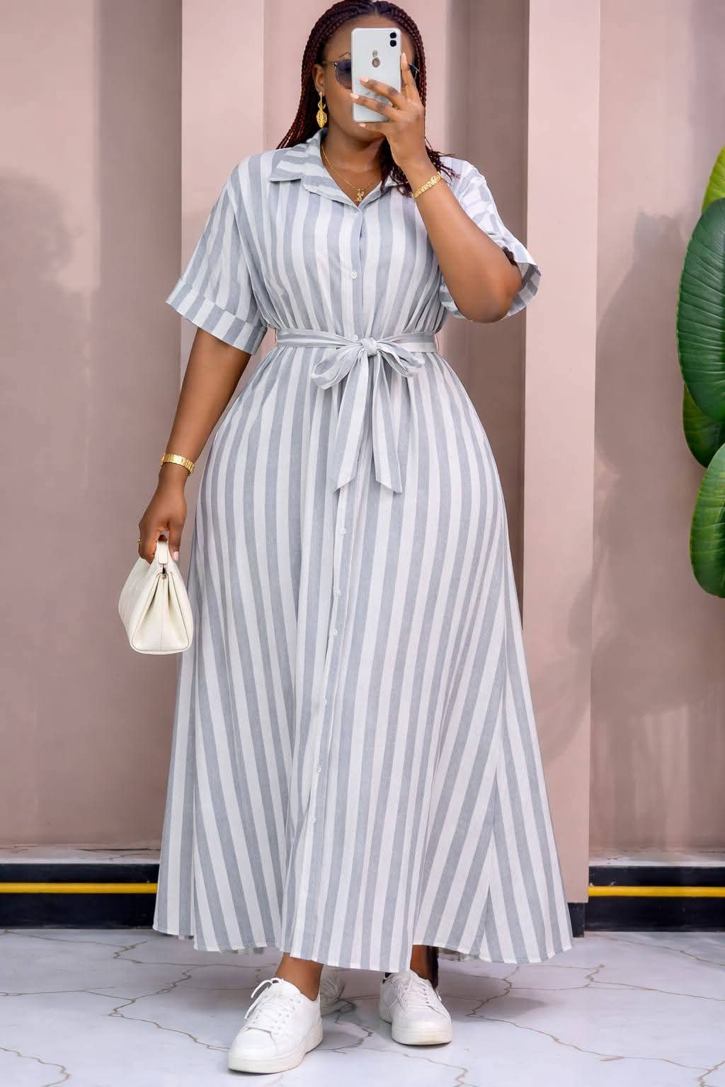 Elegant Striped Maxi Shirt Dress with Waist Tie