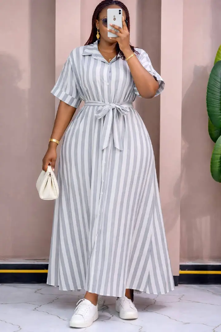 Elegant Striped Maxi Shirt Dress with Waist Tie