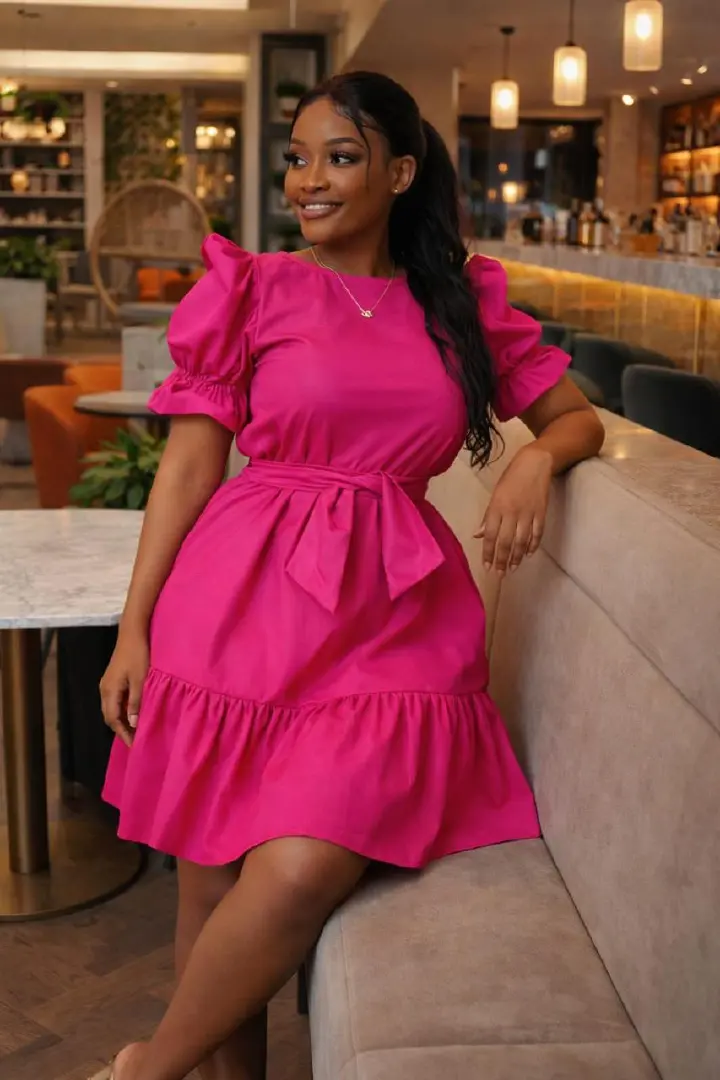 Elegant Women’s Puff Sleeve Mini Dress with a  Flattering Cinched Waist with a Tie Belt