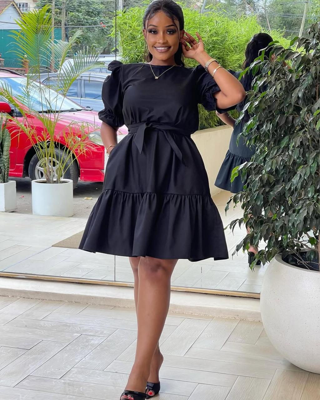 Elegant Women’s Puff Sleeve Mini Dress with a  Flattering Cinched Waist with a Tie Belt