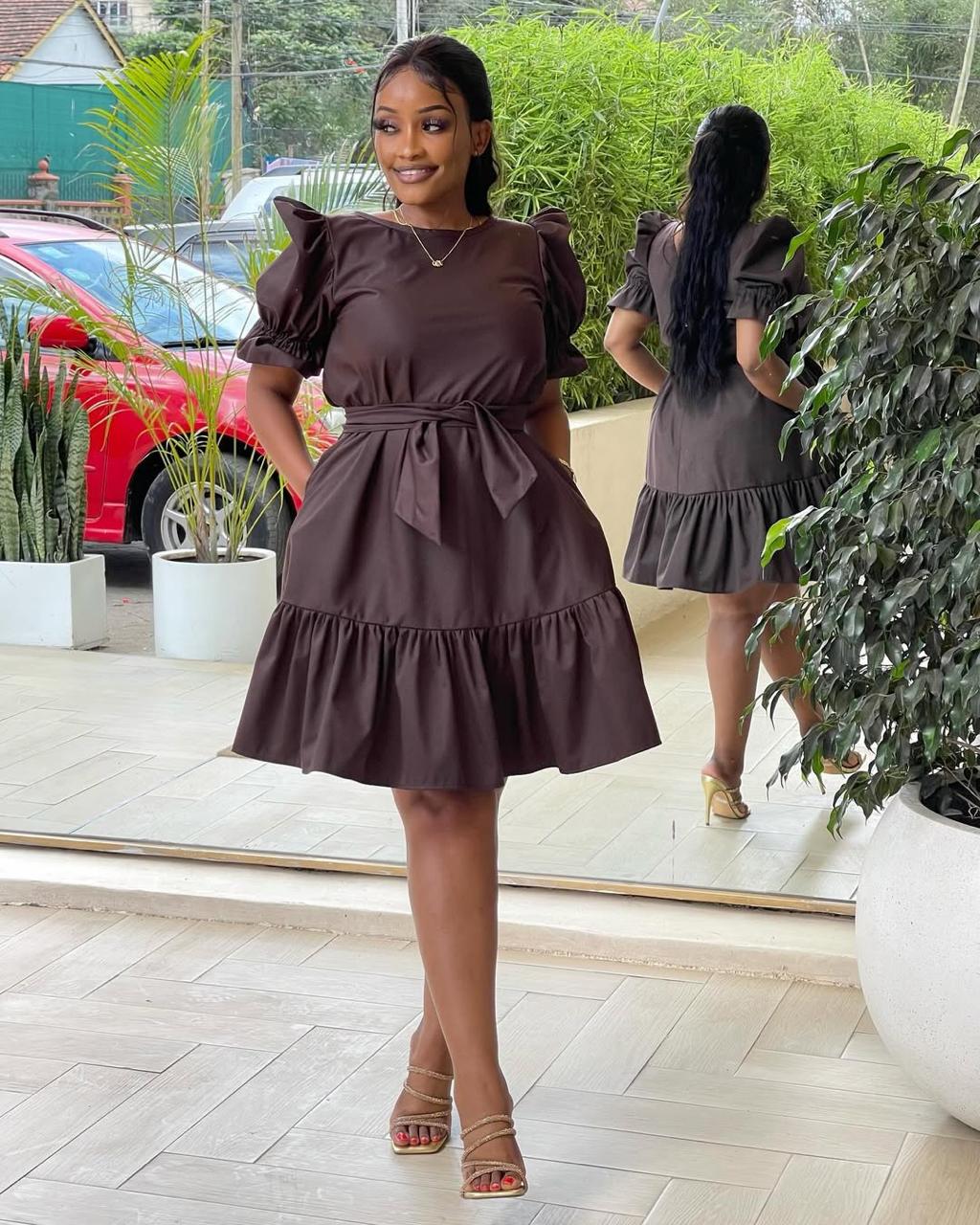 Elegant Women’s Puff Sleeve Mini Dress with a  Flattering Cinched Waist with a Tie Belt