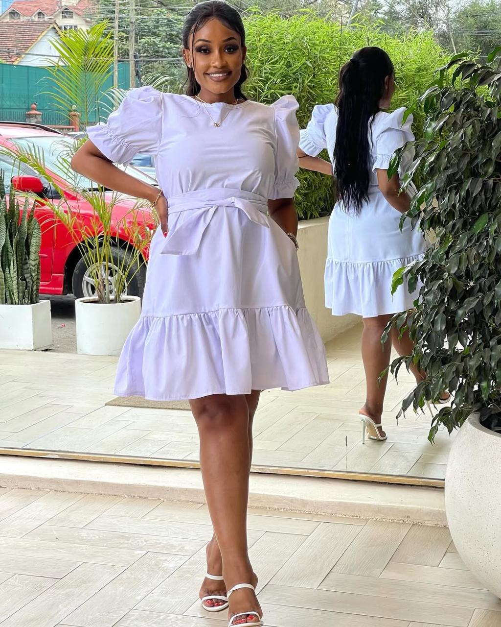 Elegant Women’s Puff Sleeve Mini Dress with a  Flattering Cinched Waist with a Tie Belt