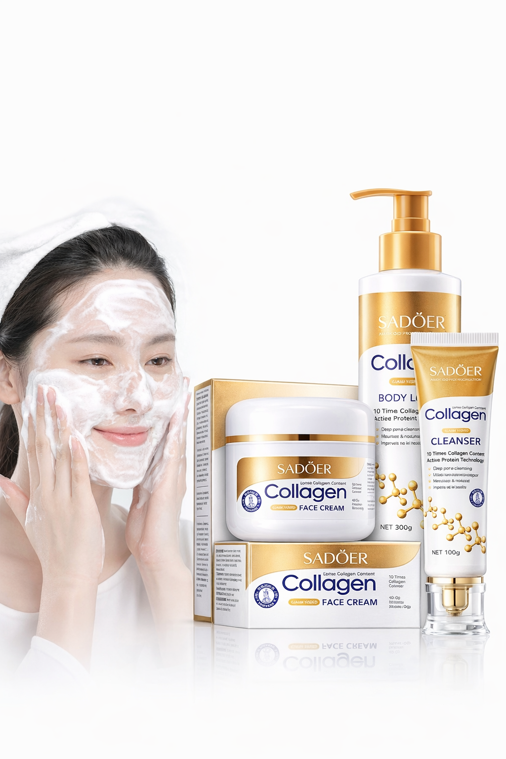 SADOER COLLAGEN Pcs Skin Care Set Vitamin C Face Cleansers + Moisturizing lotion + Face Essence  CREAM + Tone+Eye Cream + Lipstick + Hand Cream Gift set