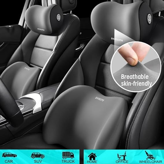 Car Headrest & Lumbar Support Cushion Kit, Ergonomic Car Seat Neck Pillow and Backseat Cushion for Driving Fatigue Relief, Driving Seat Memory Foam Neck Back Rest Pillows