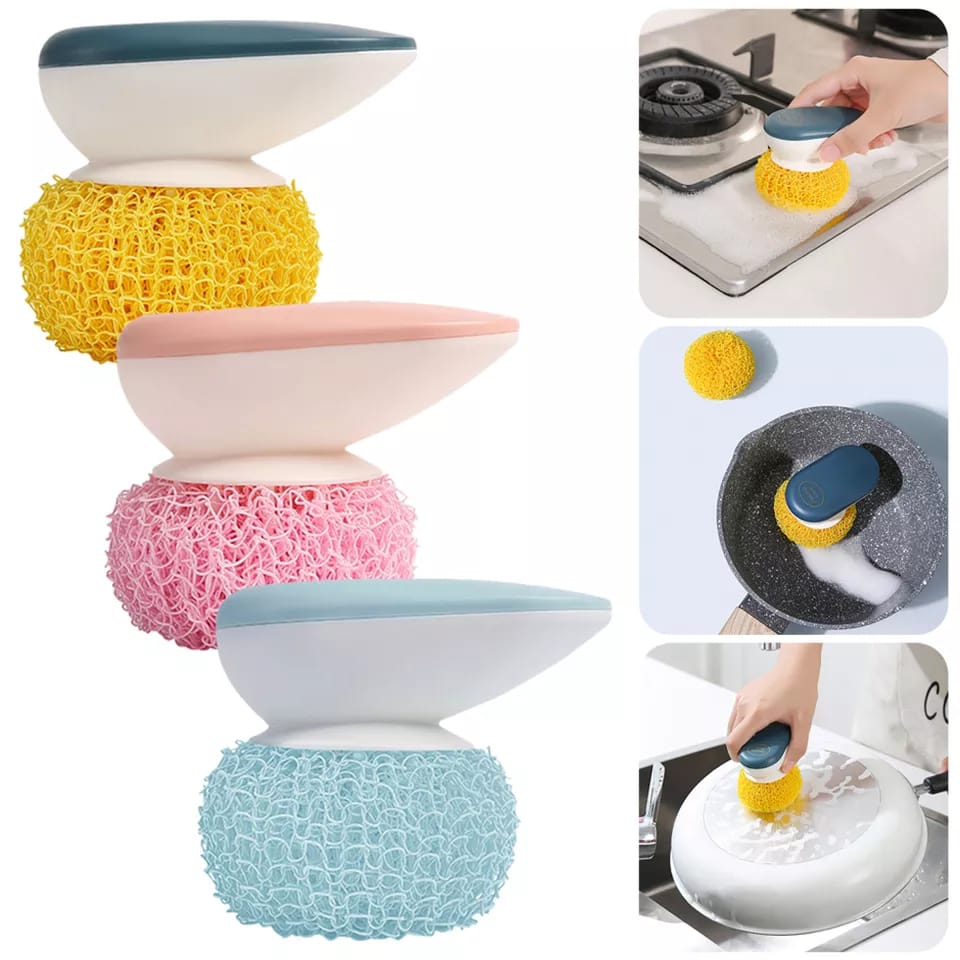 Dish Scrubber - Non Scratch Short Handle Brush for Cleaning | Durable Nylon Fiber with Soft Ball Pad, Stain Removing Scouring Tool, Easy Grip Handle for Pots, Pans, Grill, Sink, Kitchen Household Use