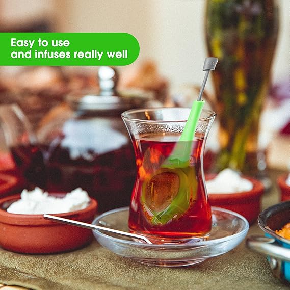Tea strainer with Green Silicone Handle, Tea Spoon for Loose Tea with Stainless Filter Insert, Spoon-Style Steeper for Mugs and Teapots, 1 Piece/Tea herbs /concoction ( ginger garlic) infuser.