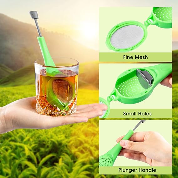 Tea strainer with Green Silicone Handle, Tea Spoon for Loose Tea with Stainless Filter Insert, Spoon-Style Steeper for Mugs and Teapots, 1 Piece/Tea herbs /concoction ( ginger garlic) infuser.