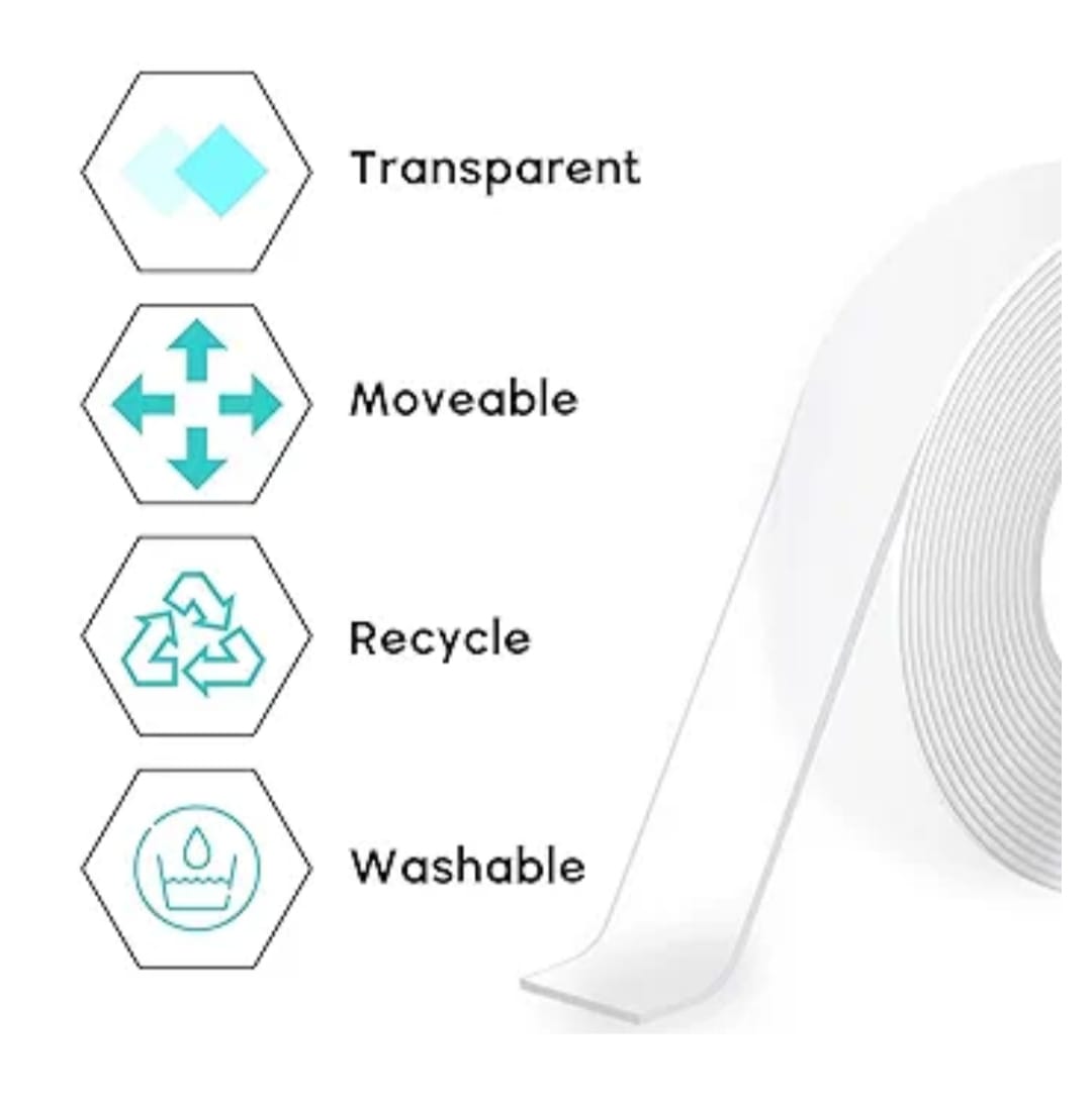 Double Sided Tape Heavy Duty, Transparent Magic Nano Tape, Multipurpose Removable Adhesive Grip Mounting Tape Washable for Carpet, Wall Decor, Hanging Picture, DIY Projects