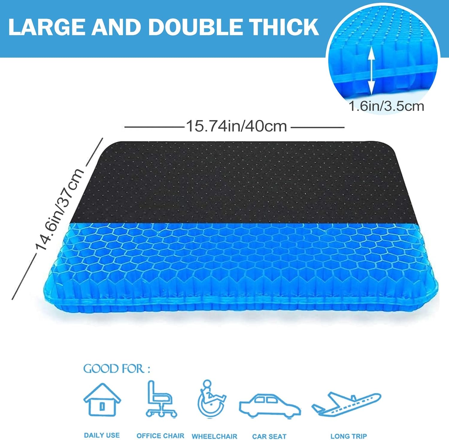 Gel Seat Cushion, Gel Seat Cushion for Long Sitting with Non-Slip Cover, Double Thick Cooling Cushion, Help with Pressure Relief Back Tailbone Pain, for Office, Car, Wheelchair, Long Trips (Blue)
