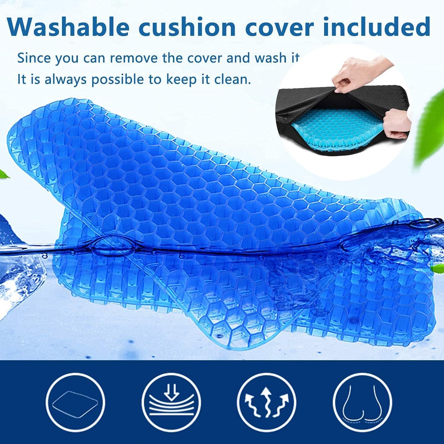 Gel Seat Cushion, Gel Seat Cushion for Long Sitting with Non-Slip Cover, Double Thick Cooling Cushion, Help with Pressure Relief Back Tailbone Pain, for Office, Car, Wheelchair, Long Trips (Blue)