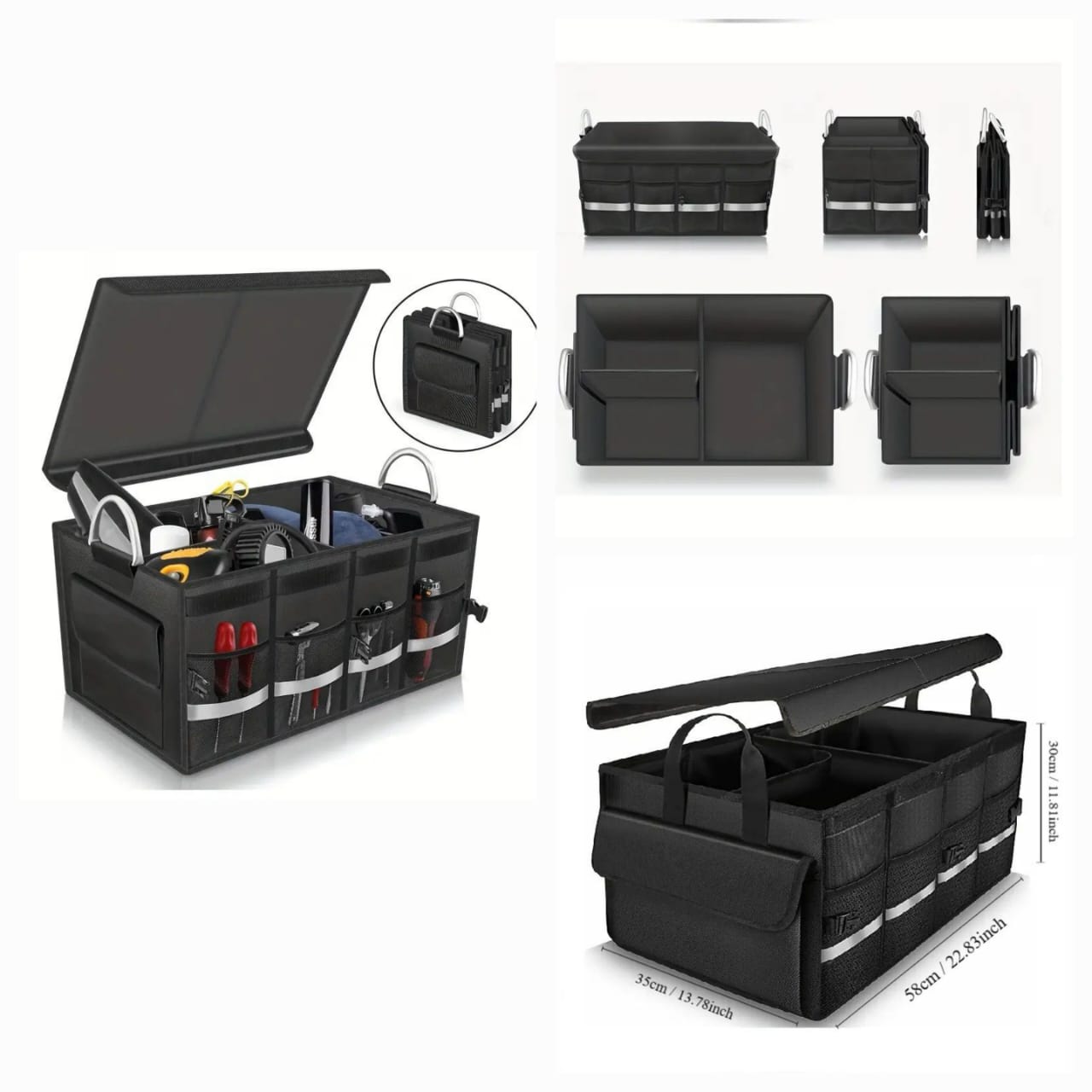 Car Trunk Organizer Holder, Auto Cargo storage Box, Container Boot Case with Foldable Cover Lid, Adjustable Pockets, Collapsible Multi-Compartment, Non-Slip Bottom, Waterproof