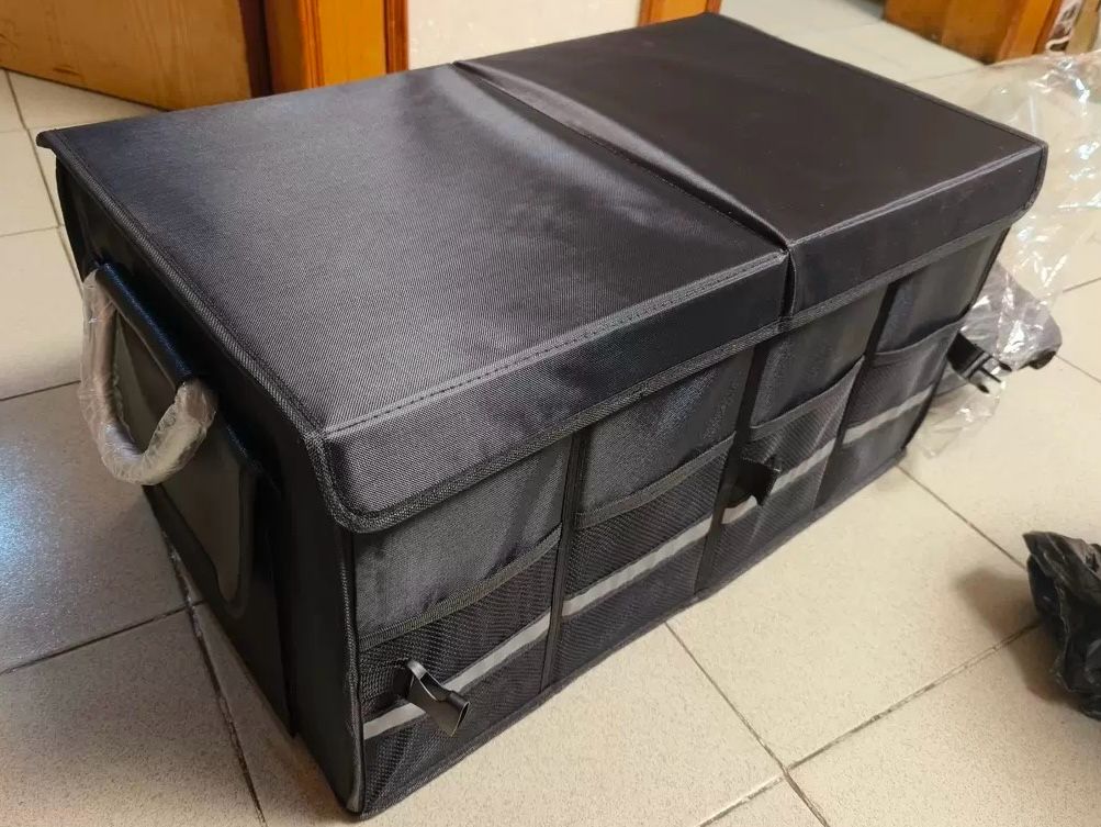 Car Trunk Organizer Holder, Auto Cargo storage Box, Container Boot Case with Foldable Cover Lid, Adjustable Pockets, Collapsible Multi-Compartment, Non-Slip Bottom, Waterproof