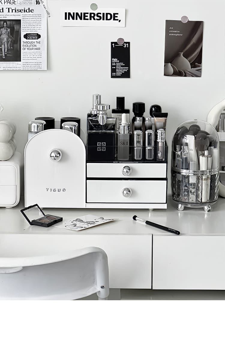 Makeup Organizer with two Drawers,Plastic Skincare Organizers for Vanity,Large Capacity Makeup Organizer Countertop for Cosmetics, Skincare,Office Stationery