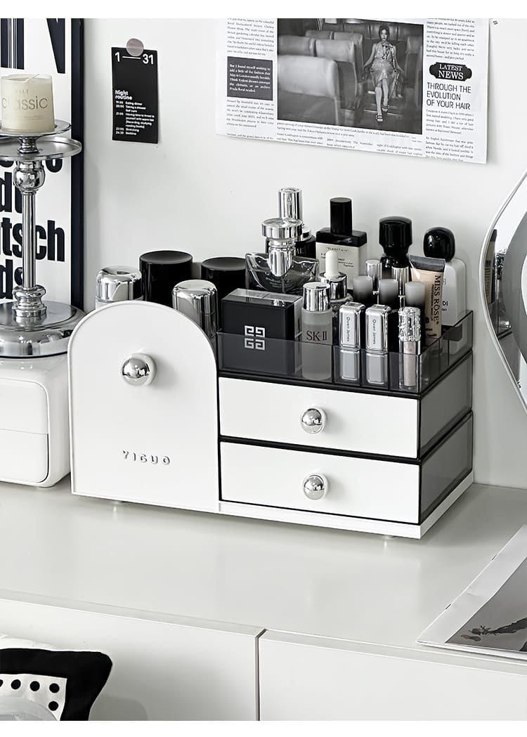 Makeup Organizer with two Drawers,Plastic Skincare Organizers for Vanity,Large Capacity Makeup Organizer Countertop for Cosmetics, Skincare,Office Stationery