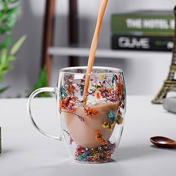 DOUBLE GLASS FLOWER TEA CUP, AESTHETIC PRESERVED FLOWER CUP, CUTE INSULATED TEA CUP WITH HANDLE, HEAT RESISTANT & LEAD-FREE COFFEE MUGS, GIFTS FOR BIRTHDAY MOTHER'S DAY, PERFECT FOR WOMEN WIFE MOM