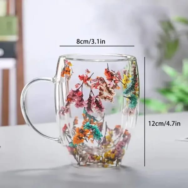 DOUBLE GLASS FLOWER TEA CUP, AESTHETIC PRESERVED FLOWER CUP, CUTE INSULATED TEA CUP WITH HANDLE, HEAT RESISTANT & LEAD-FREE COFFEE MUGS, GIFTS FOR BIRTHDAY MOTHER'S DAY, PERFECT FOR WOMEN WIFE MOM