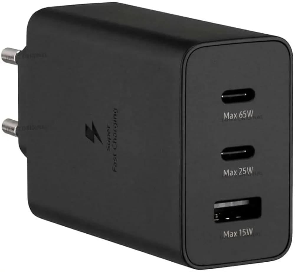 Samsung 65W PD Power Adapter Trio – Fast Charging (USB-C x2, USB-A x1) – Universal Compatibility – Black | Compatible With Samsung, iPhone, Android & Laptops