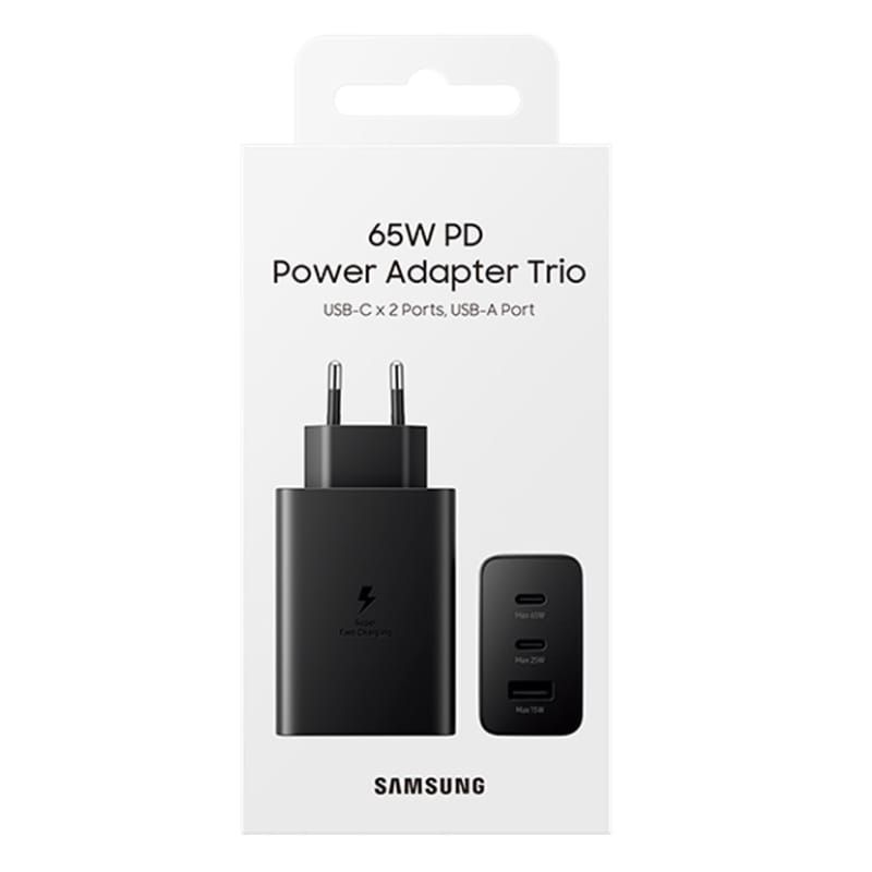 Samsung 65W PD Power Adapter Trio – Fast Charging (USB-C x2, USB-A x1) – Universal Compatibility – Black | Compatible With Samsung, iPhone, Android & Laptops