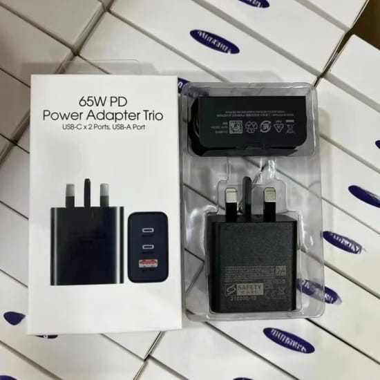 Samsung 65W PD Power Adapter Trio – Fast Charging (USB-C x2, USB-A x1) – Universal Compatibility – Black | Compatible With Samsung, iPhone, Android & Laptops