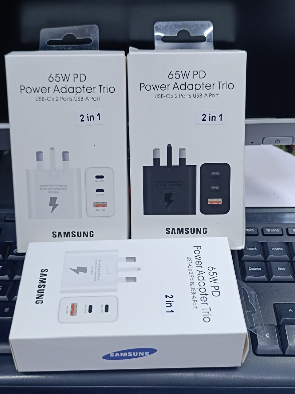 Samsung 65W PD Power Adapter Trio – Fast Charging (USB-C x2, USB-A x1) – Universal Compatibility – Black | Compatible With Samsung, iPhone, Android & Laptops