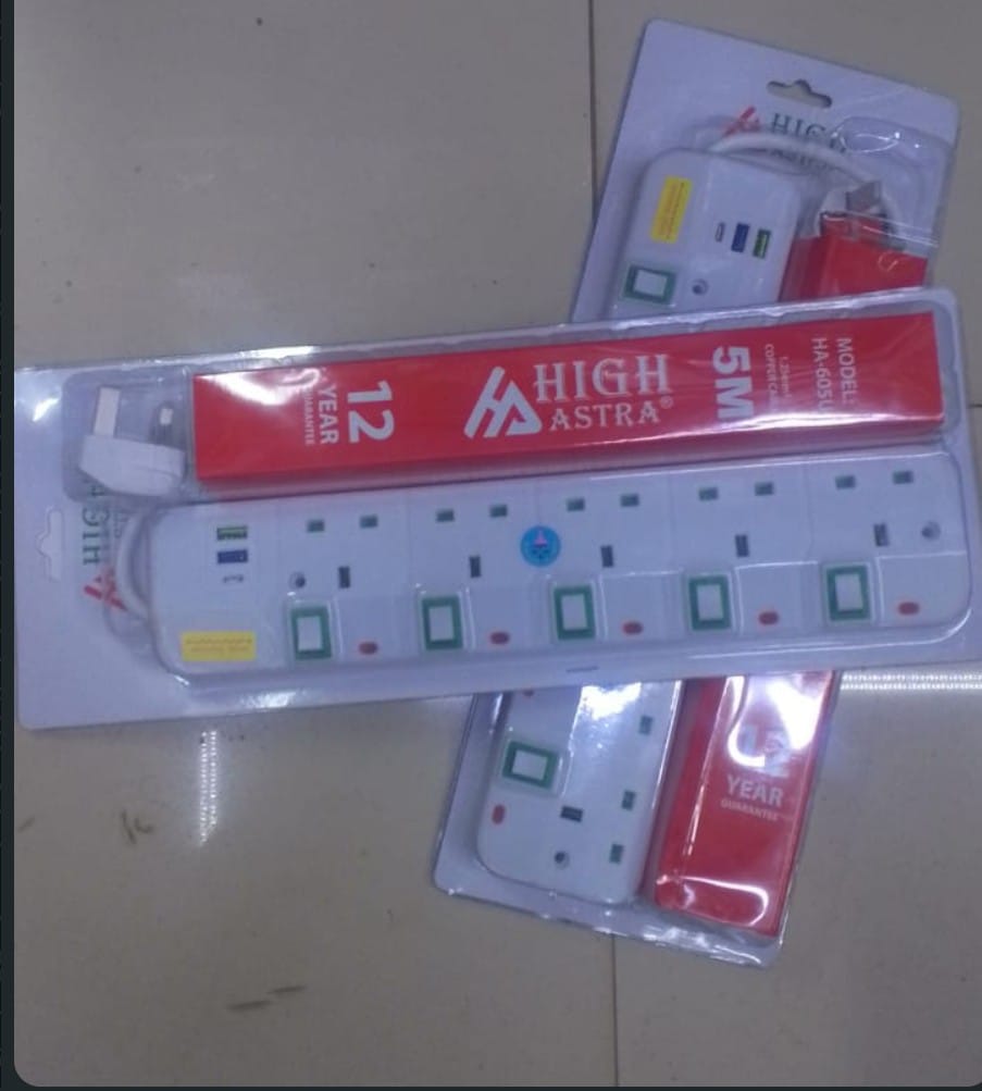 HIGH ASTRA Heavy Duty Extension Socket. 5 way board. 5M cable.2 usb.1-type C port.The cords are designed with surge protection and safety shutters to protect against power spikes and electrical shock.