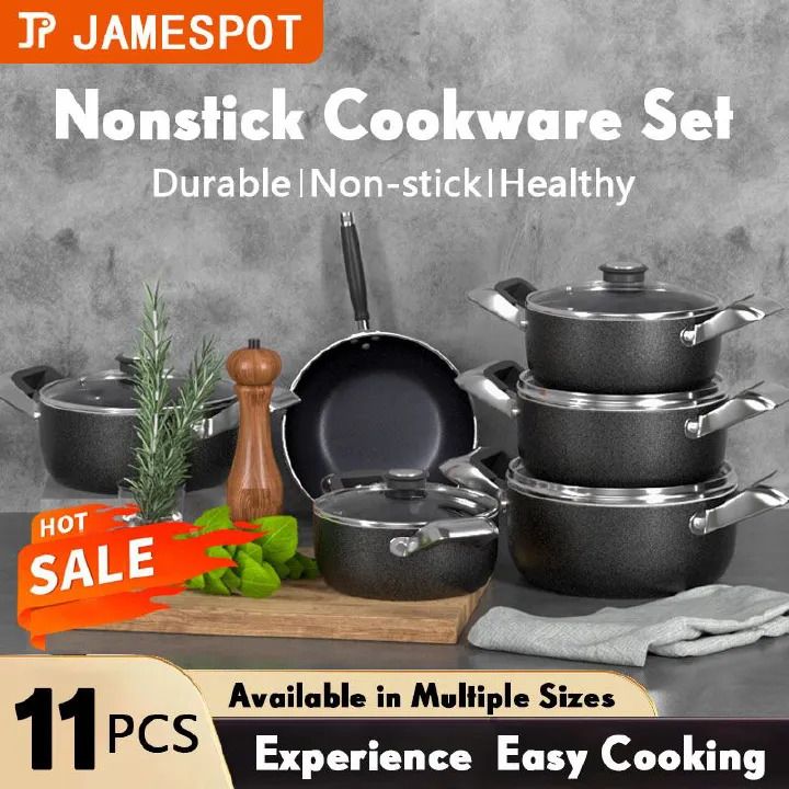 JP Jamespot 11 Pcs Non-Stick Concord Cookware Set - Granite Coating - Black (5 Pots + 5 Glass Lids + 1 FREE Frying Pan) - Durable & Easy Clean