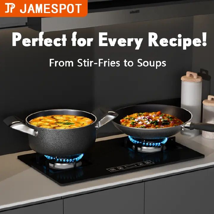 JP Jamespot 11 Pcs Non-Stick Concord Cookware Set - Granite Coating - Black (5 Pots + 5 Glass Lids + 1 FREE Frying Pan) - Durable & Easy Clean
