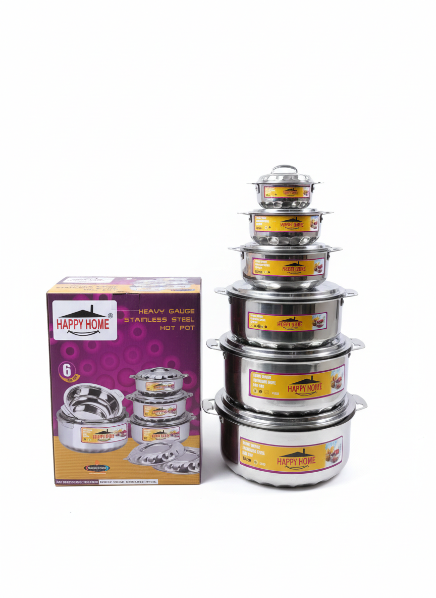Happy Home 6-Piece Heavy Gauge Stainless Steel Hot Pot Set - Insulated Casserole Food Warmers (500ml, 1500ml, 2500ml, 5000ml, 7500ml, 10000ml)