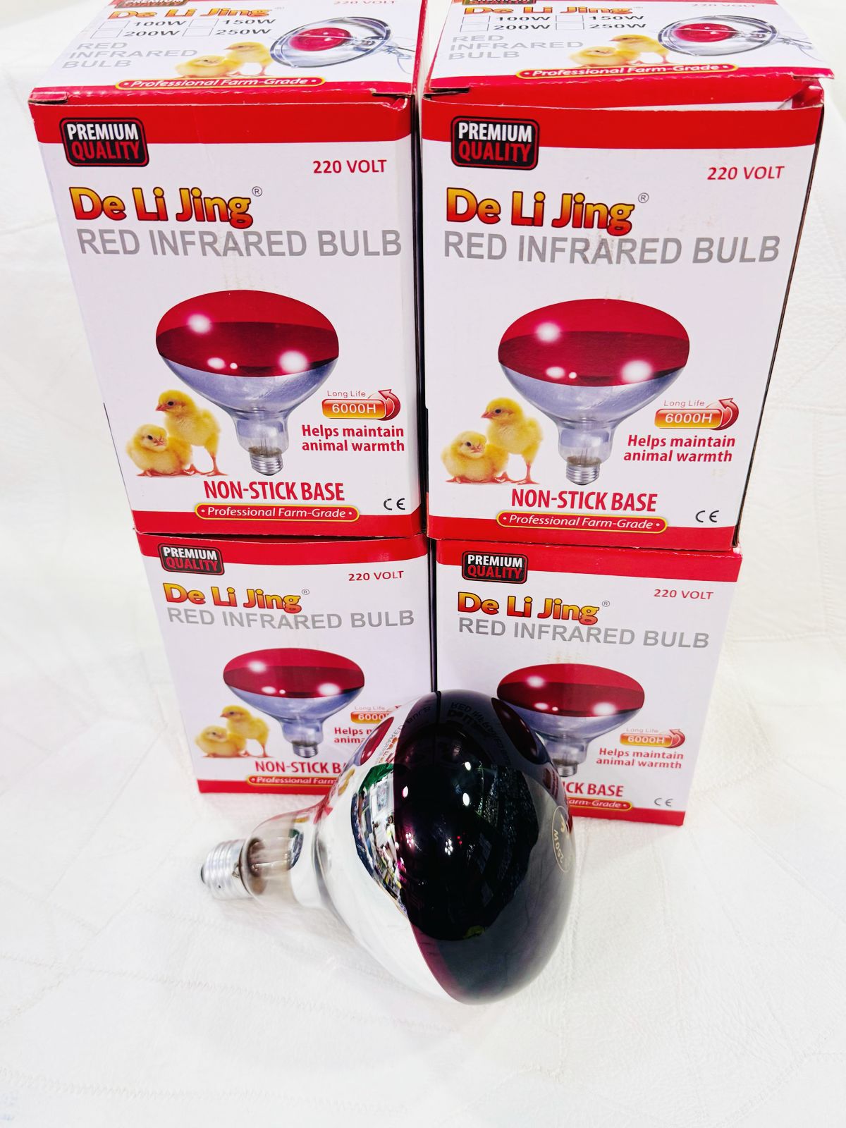 De Li Jing 250W Red Infrared Heat Lamp Bulb - Shatterproof Pyrex Glass Brooder Light for Chickens, Poultry, and Reptiles (220V, E27 Base, 6000H Long Life)