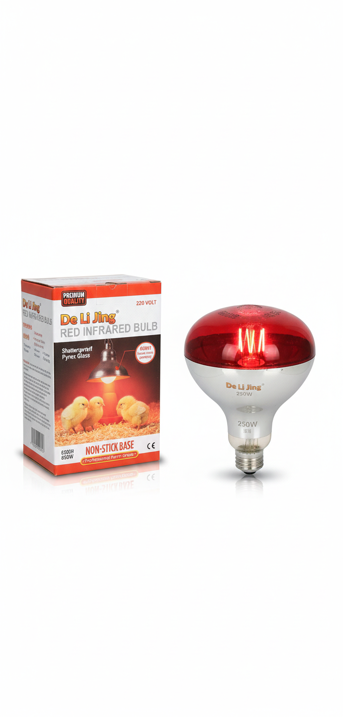 De Li Jing 250W Red Infrared Heat Lamp Bulb - Shatterproof Pyrex Glass Brooder Light for Chickens, Poultry, and Reptiles (220V, E27 Base, 6000H Long Life)