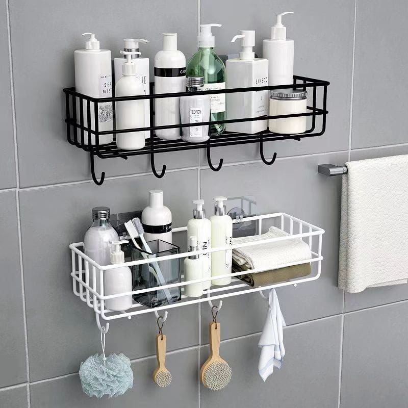 Punch free Bathroom Shelf storage rack /Organizer with Hooks & stickers