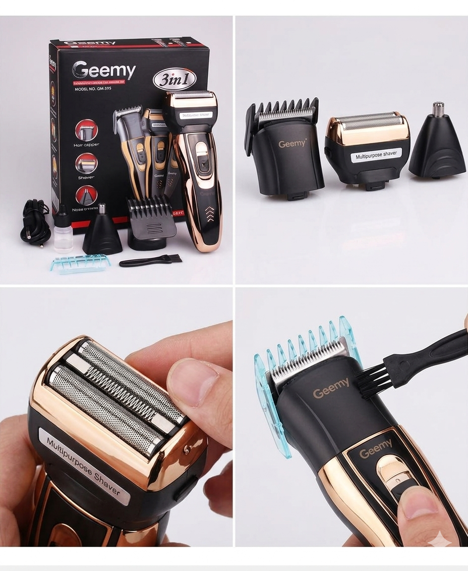 Geemy GM-595 3-in-1 Rechargeable Professional Hair Clipper, Electric Shaver & Nose Trimmer Set - Gold/Black