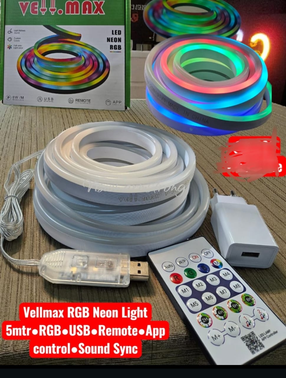 Vellmax 5M RGB Neon LED Strip /snake Light - USB Powered, Remote & App Control, Music Sound Sync