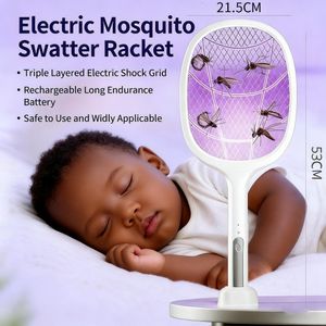 Electric Fly Swatter Bug Racket Dual Modes Mosquito Killer with Purple Mosquito Light Rechargeable for Indoor Home Office Backyard Patio Camping
