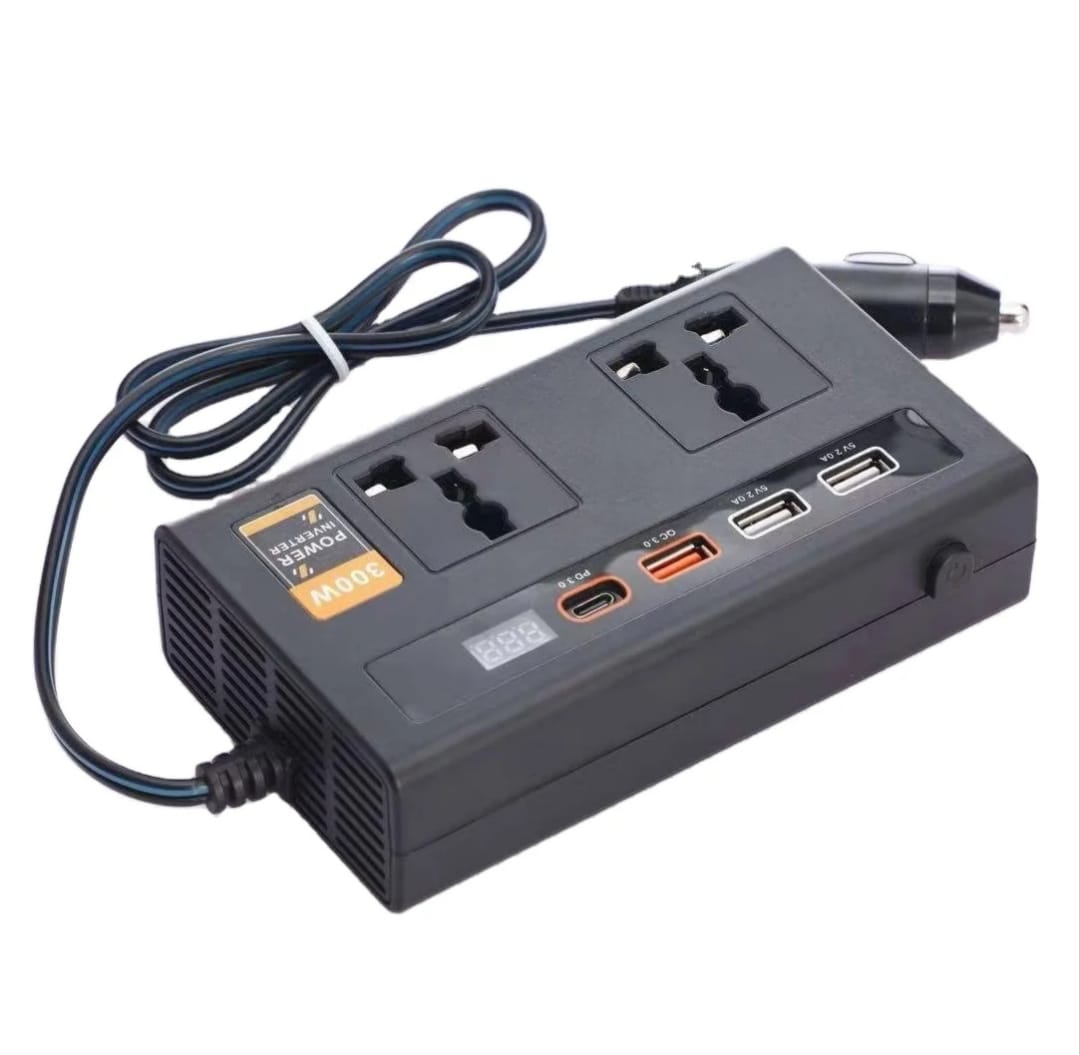 300W High Power Fast charging car inverter DC/AC 12V to 220/24V With Two Charging ports,3 USB Ports and 1 type c port & cigarette lighter port