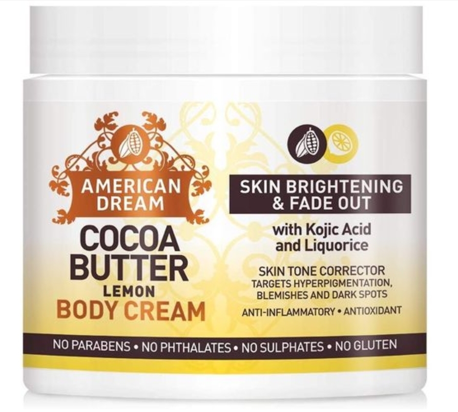 American dream cocoa butter lemon body cream skin brightening with kojic acid and liquorice