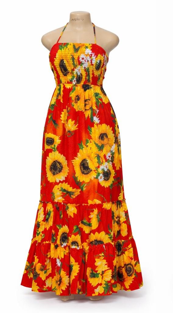 SUMMER, BOLD SUNFLOWER-PRINT, BAREBACK MAXI-DRESS_SUMMER READY HALTER GOWN WITH TIERED SKIRT
