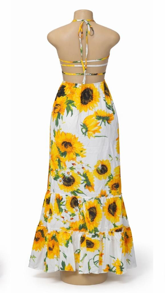 SUMMER, BOLD SUNFLOWER-PRINT, BAREBACK MAXI-DRESS_SUMMER READY HALTER GOWN WITH TIERED SKIRT