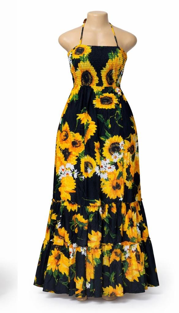 SUMMER, BOLD SUNFLOWER-PRINT, BAREBACK MAXI-DRESS_SUMMER READY HALTER GOWN WITH TIERED SKIRT