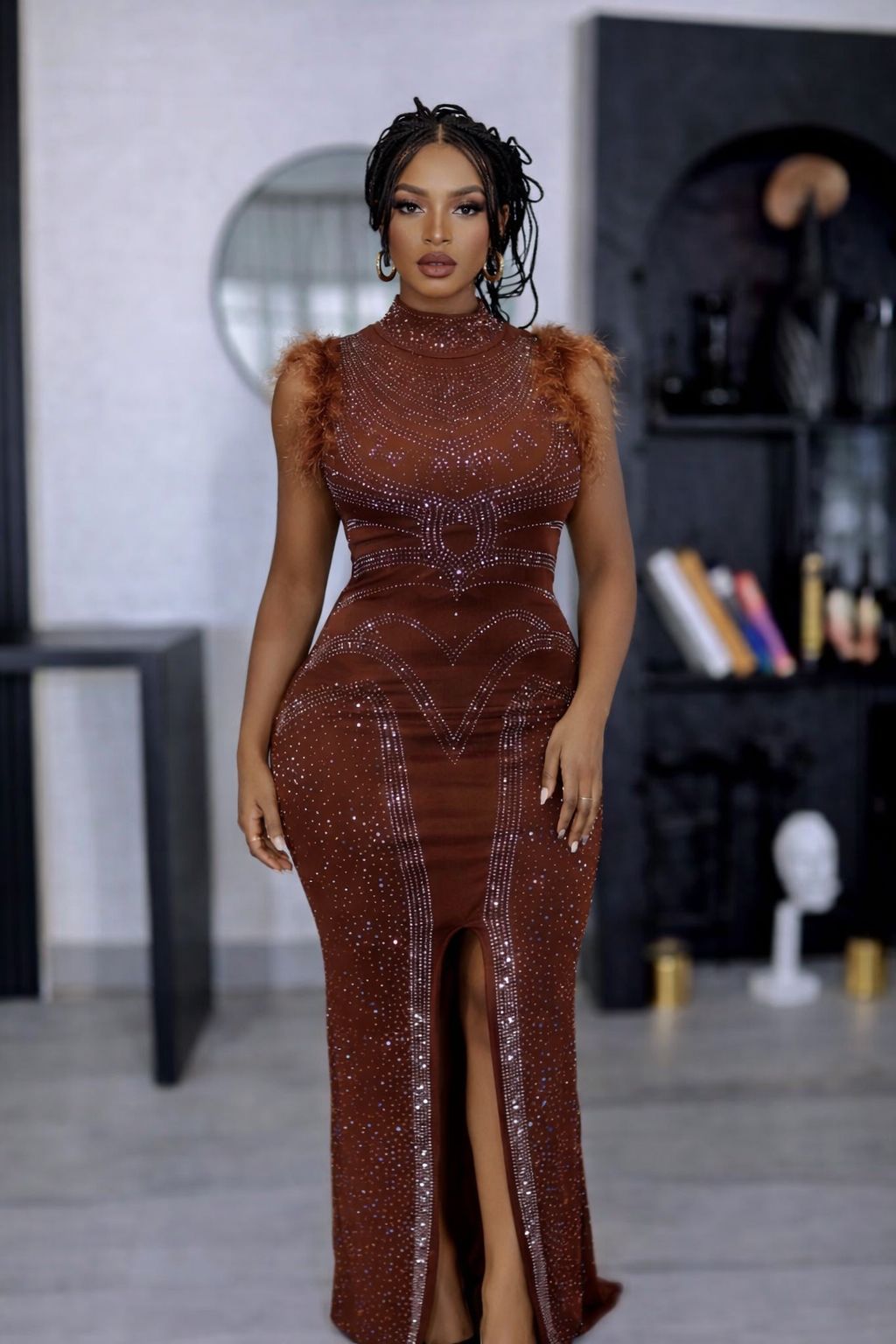 DINNER LUXURY CRYSTAL-EMBELLISHED GLAMOROUS HIGH SLIT FORMAL/ CASUAL  EVENING DRESS