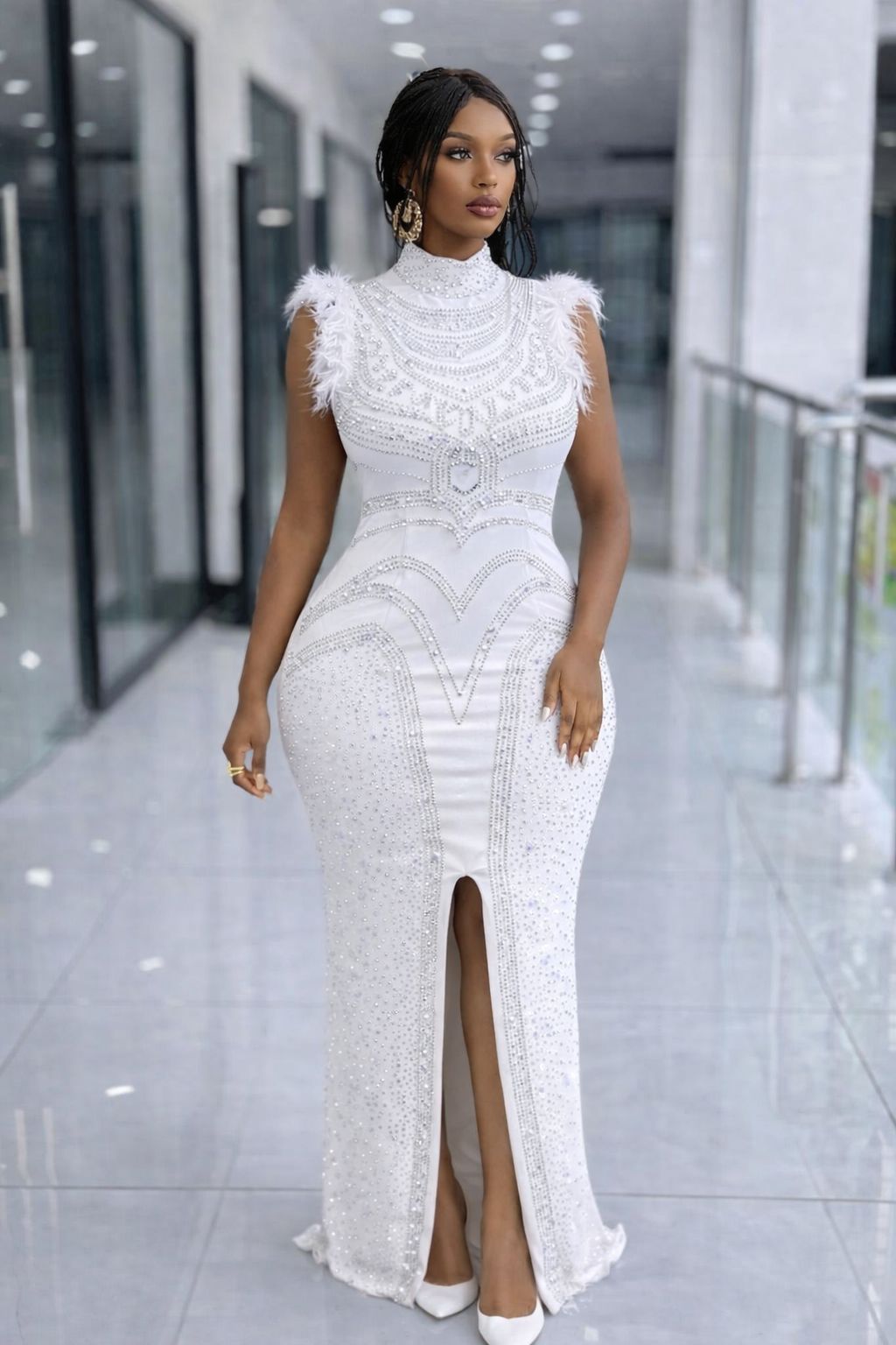 DINNER LUXURY CRYSTAL-EMBELLISHED GLAMOROUS HIGH SLIT FORMAL/ CASUAL  EVENING DRESS