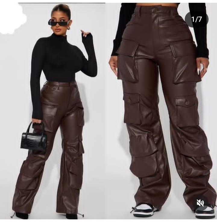 Edgy Faux‑Leather Cargo Pants – High‑Waist Wide‑Leg Style in Black & Brown | Street‑Ready & Ultra‑Trendy ✨